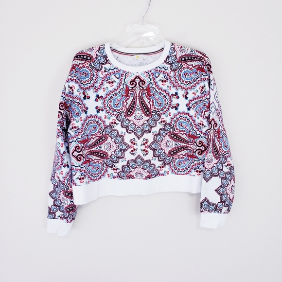 BODEN Sweatshirt Paisley Print Red White Blue Large Pullover Crew Crop Sweater - Picture 3 of 5